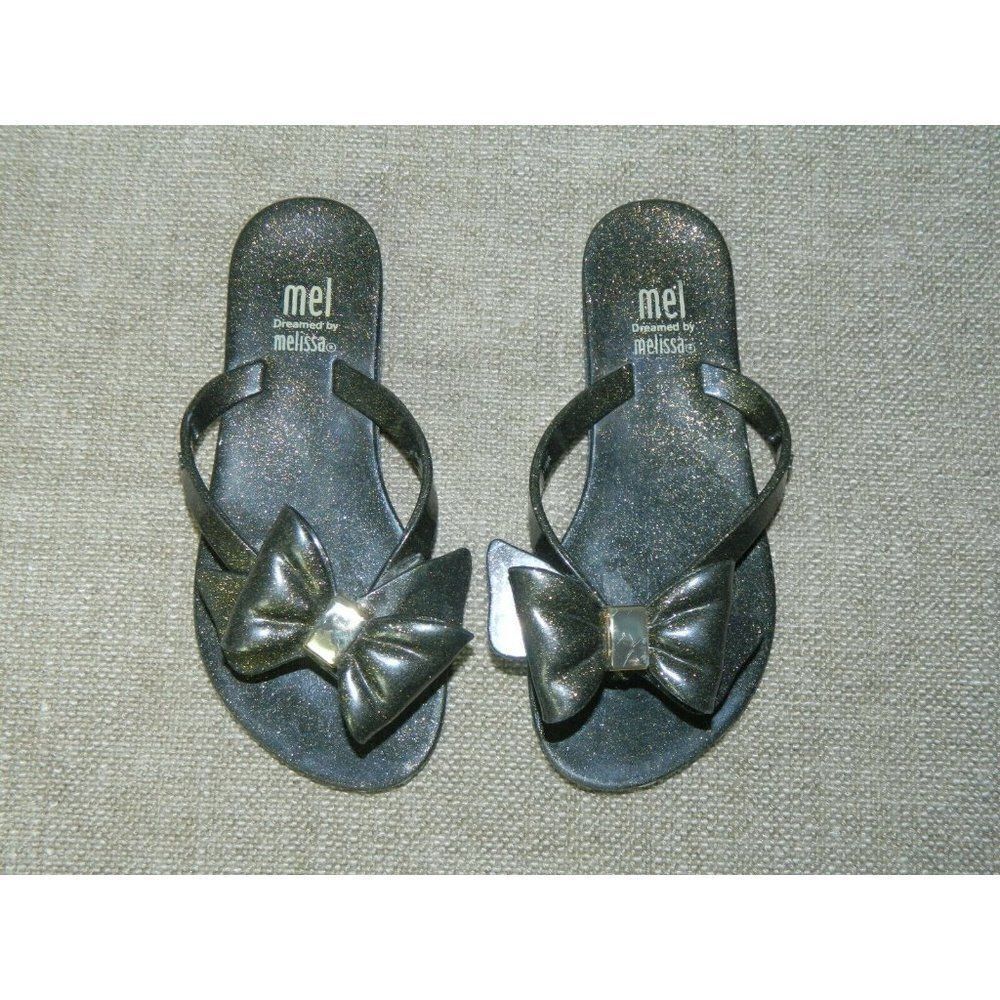 Mini Melissa Mel Flip Flop Black Gold Glitter Scented Bow Sandal Girl's Size 11